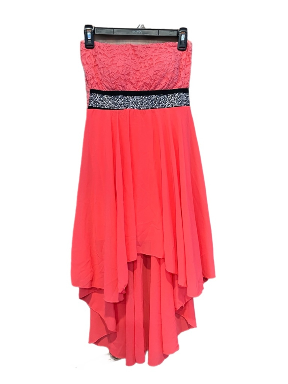 Strapless Hot Pink High-Low Lace & Chiffon Kids Dress with Rhinestone Waist